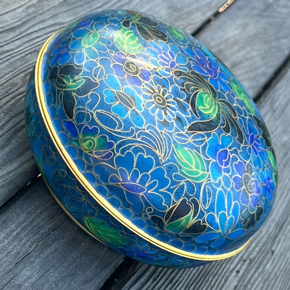 Rare Vintage Chinese Cloisonné Stash Trinket Box – Blue & Green Floral – 4” x 2” - Picture 4 of 13